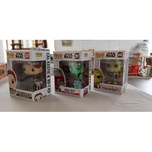 34 - Funko Pop/ bobble head Star Wars #297, #337 & #406 Boba Fett Limited Edition, Cal Kestis & BD1 plus ... 