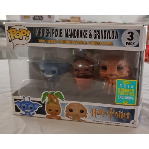 44 - Funko Pop/ bobble head Harry Potter 3 pack 2016 summer convention exclusive cornish pixie, mandrake ... 