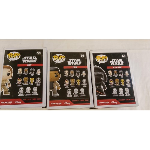 69 - Funko Pop/ bobble head Star Wars #58, #59 & #60 Rey, Finn & Kyloe Ren