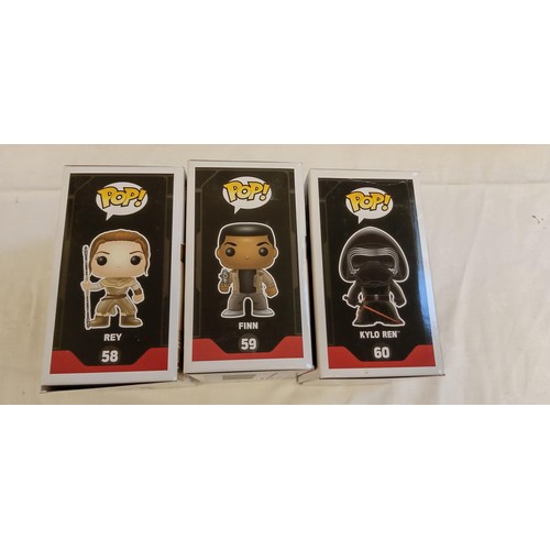 69 - Funko Pop/ bobble head Star Wars #58, #59 & #60 Rey, Finn & Kyloe Ren