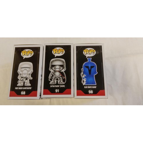 73 - Funko Pop/ bobble head Star Wars #68, #91 & #98 First Order Flametrooper, Captain Phasma (Chrome) & ... 