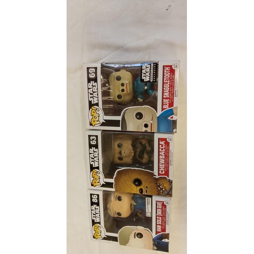 75 - Funko Pop/ bobble head Star Wars #63, #69 & #86 Chewbacca, Blue Snaggletooth Star Wars smugglers bou... 