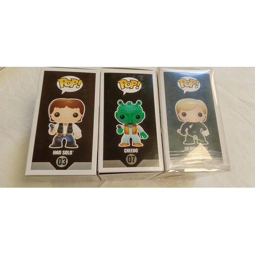 78 - Funko Pop/ bobble head Star Wars #03, #07 & #11 Han Solo, Greedo & Luke Skywalker (Jedi)