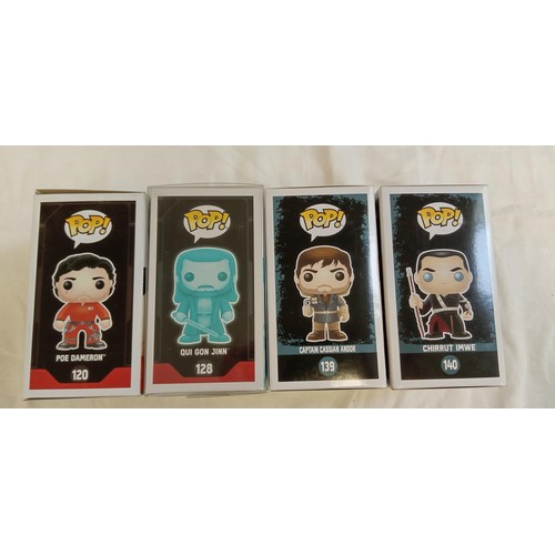 90 - Funko Pop/ bobble head Star Wars #120, #128, #139 & #140 Poe Dameron, Qui Gon Jinn glows in the dark... 