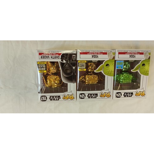 91 - Funko Pop/ bobble head Star Wars #124, #124 & #157 Star Wars Yoda Funko 2019 galactic convention exc... 