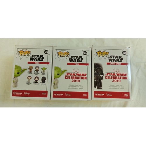 91 - Funko Pop/ bobble head Star Wars #124, #124 & #157 Star Wars Yoda Funko 2019 galactic convention exc... 