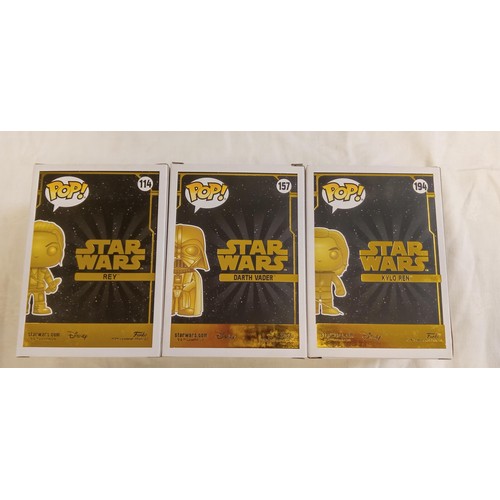 92 - Funko Pop/ bobble head Star Wars #114, #157 & #194 Rey special edition, Darth Vader Special Edition ... 