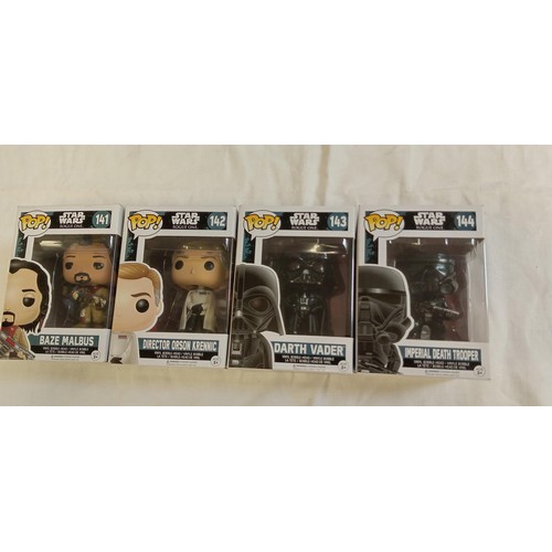 93 - Funko Pop/ bobble head Star Wars #141, #142, #143 & #144 Baze Malbus, Director Orson Krennic, Darth ... 