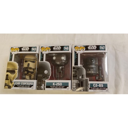 94 - Funko Pop/ bobble head Star Wars #145, #146 & #147 Scarif Stormtrooper, K-2SO & C2-B5