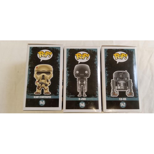 94 - Funko Pop/ bobble head Star Wars #145, #146 & #147 Scarif Stormtrooper, K-2SO & C2-B5