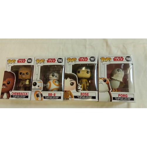 96 - Funko Pop/ bobble head Star Wars #195, #196, #197 & #198 Chewbacca, BB-8, Rose & Porg