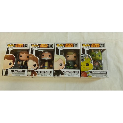 99 - Funko Pop/ bobble head Star Wars #03,#10, #11 & #12 Han Solo, Obi Wan Kenobi, Luke Skywalker (Jedi) ... 