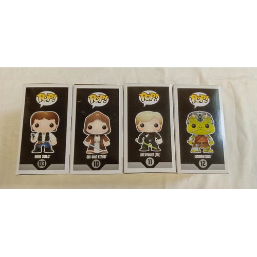 99 - Funko Pop/ bobble head Star Wars #03,#10, #11 & #12 Han Solo, Obi Wan Kenobi, Luke Skywalker (Jedi) ... 