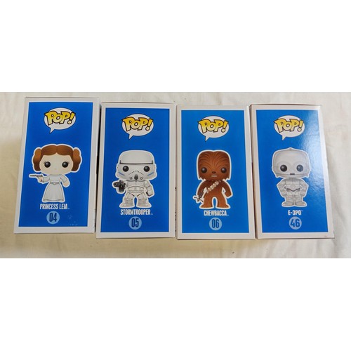 103 - Funko Pop/ bobble head Star Wars #04, #05, #06 & #46 Princess Leia, Stormtrooper, Chewbacca & E-3PO ... 