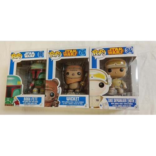 104 - Funko Pop/ bobble head Star Wars #08, #26 & #34 Boba Fett, Wicket & Luke Skywalker (hoth)