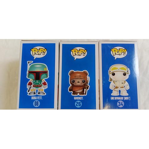 104 - Funko Pop/ bobble head Star Wars #08, #26 & #34 Boba Fett, Wicket & Luke Skywalker (hoth)