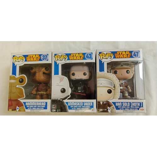 105 - Funko Pop/ bobble head Star Wars #37, #43 & #47 Hammerhead, Unmasked Vader & Han Solo (Hoth)