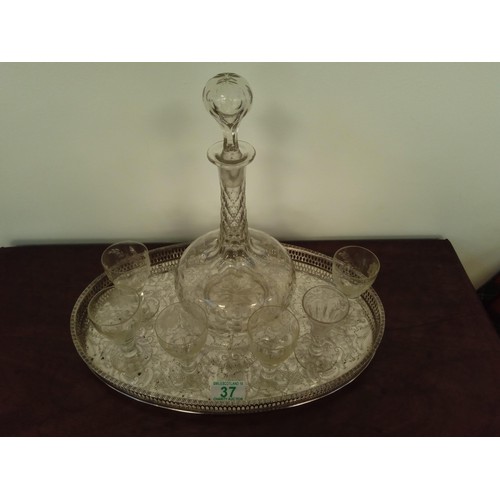 37 - Vintage decanter and glasses on a white metal tray