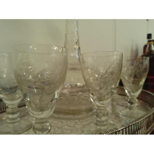 37 - Vintage decanter and glasses on a white metal tray