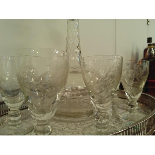 37 - Vintage decanter and glasses on a white metal tray