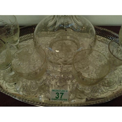 37 - Vintage decanter and glasses on a white metal tray