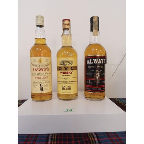 24 - 3 bottles of whisky Dewar's, White Label 75cl 43.5 vol, DYC whisky Fino blended 70 cl 40 vol & Alway... 