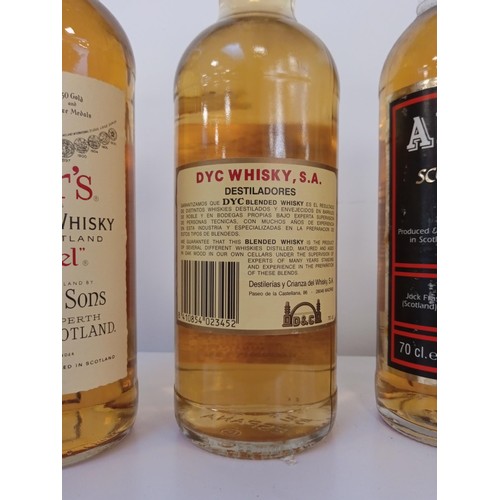 24 - 3 bottles of whisky Dewar's, White Label 75cl 43.5 vol, DYC whisky Fino blended 70 cl 40 vol & Alway... 