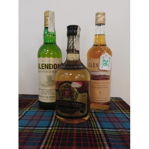 26 - 3 bottles of whisky Glen Gorse 40 vol 70cl, Glen Orson 70cl 40 vol & Glendon 70 cl 40 vol