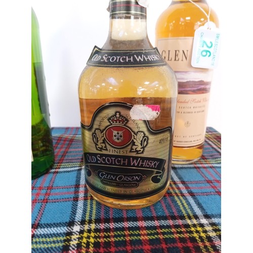 26 - 3 bottles of whisky Glen Gorse 40 vol 70cl, Glen Orson 70cl 40 vol & Glendon 70 cl 40 vol