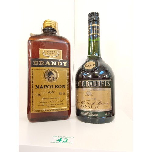 43 - 2 bottles of brandy Napoleon brandy 1L 36 vol & Three Barrels 70cl 40 vol