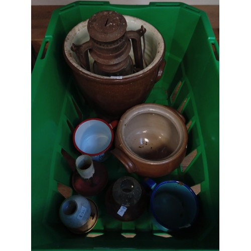 54 - Glazed pots, enamel mugs and oil lamps