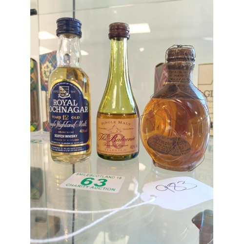 63 - Lochnegar 12 yr old 0.05l 40 vol miniature, The Balvennie 10 yr old founders reserve 50ml 40 vol & 7... 