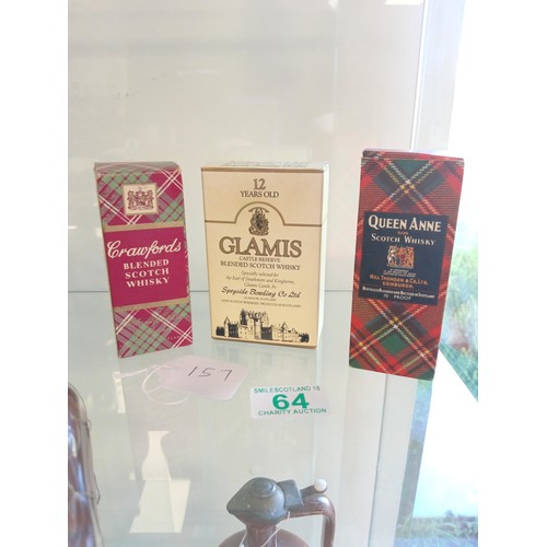 64 - Queen Anne 70 proof, Crawfords 70 proof miniatures both in tartan boxes & Glamis Castle reserve 12 y... 