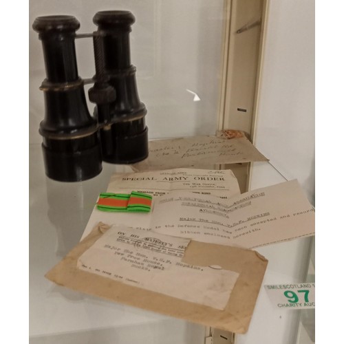 97 - Military ephemera to Major The Hon. V.H.F. Hopkins plus believed military binoculars