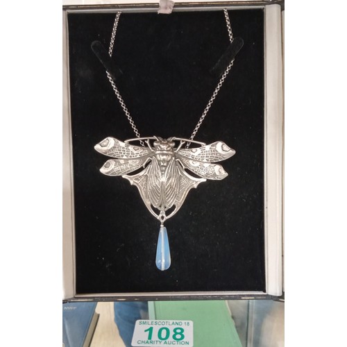 108 - Scarab beetle dragonfly necklace with opaline drop