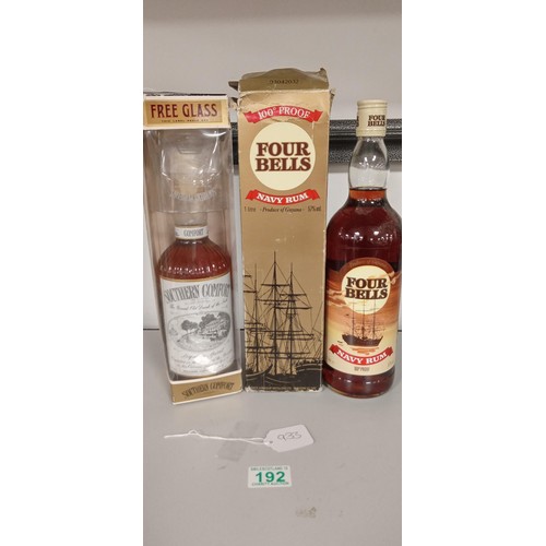 192 - Four Bells Naval Rum 100 proof 57 vol in original box plus Southern Comfort 70cl 40 vol with free gl... 