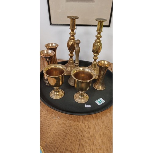 61 - Tray of brass ware candles, goblets and more