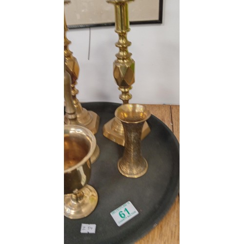 61 - Tray of brass ware candles, goblets and more