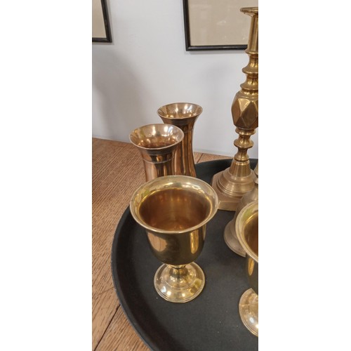 61 - Tray of brass ware candles, goblets and more