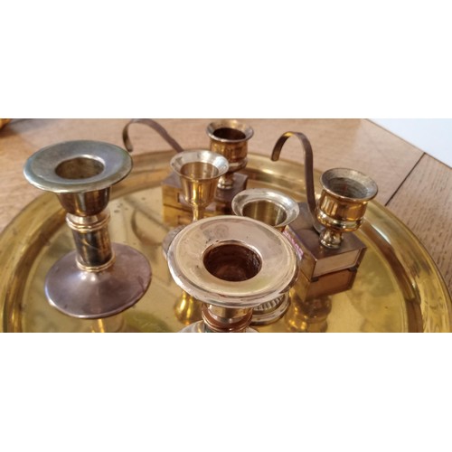 73 - Brass tray, candle stick holders