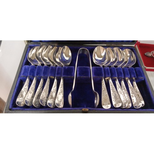 81 - White metal James Hardy & Co teaspoons and tongs in original box plus napkin ring and fork & spoon s... 