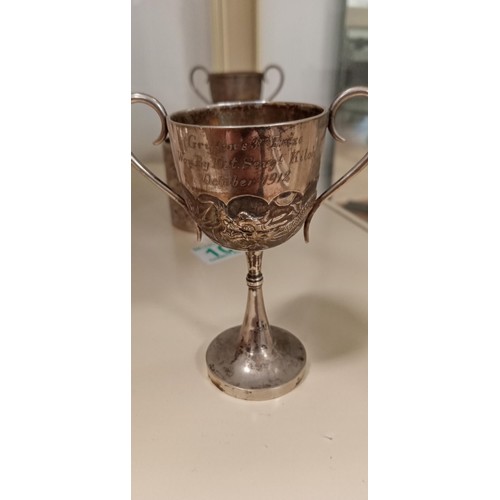 100 - White metal believed Indian small cup plus 2 1912 Asian design trophies dedicated to Det. Sergt Kilo... 