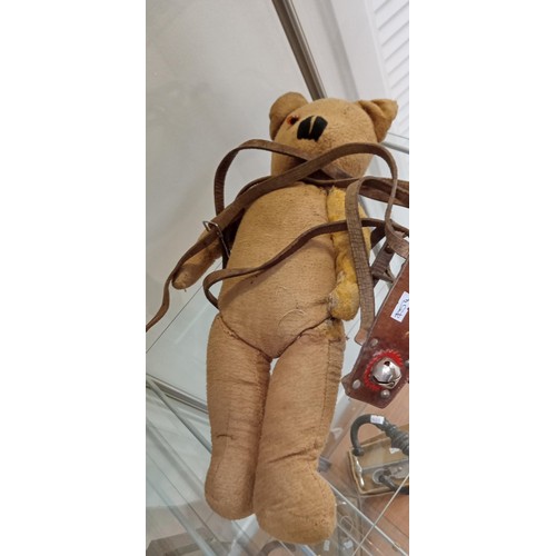 118 - Vintage teddy bear plus the children's leather harness/ reins