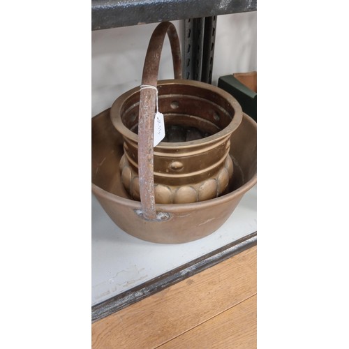 169 - Brass berry pan plus brass planter