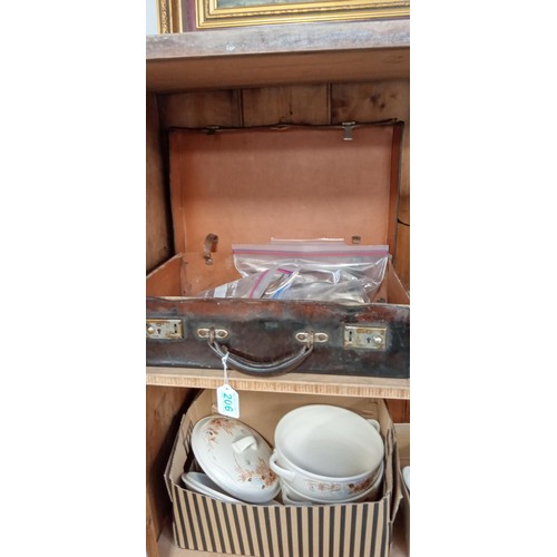 206 - Vintage small leather suitcase plus cutlery