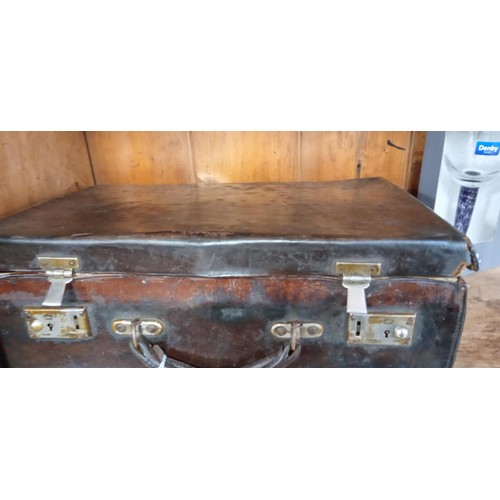 206 - Vintage small leather suitcase plus cutlery