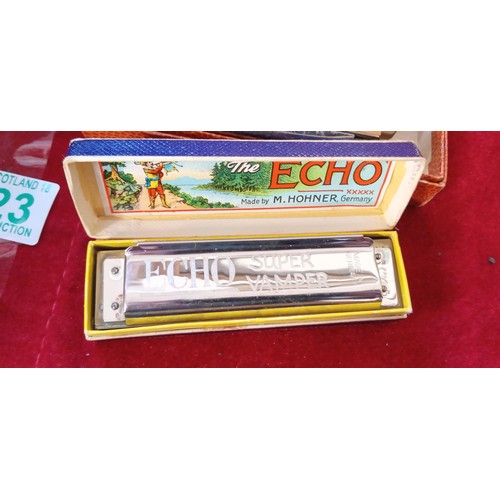 223 - Selection of vintage mouth organs Hohner Pro Harp, The Echo Super Vamper by M Hohner, Marine Band Ho... 