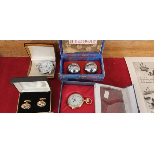 225 - 2 Pocket watches, cufflinks & Oriental Health balls in original box