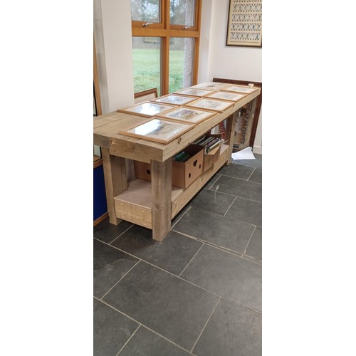 240 - Homemade heavy large wooden work bench measures 2m 40cm long x 77cm wide x 90cm high approx.