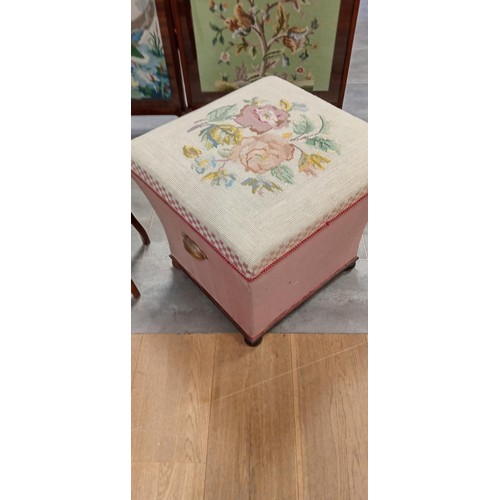 256 - Tapestry stool and wooden occasional lamp table